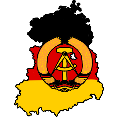 the shape of the historical nation-state the Deutsche Demokratische Republik, commonly known as the DDR, coloured in with the DDR's flag. There is a small hole indicating West Berlin. The flag has horizonal stripes of black, red, and gold, and a central emblem of a hammer and compass inside a wreath of wheat